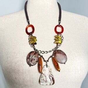 Statement Necklace Brown‎ Cord Chain Stone Bead Dangle Pendant Women